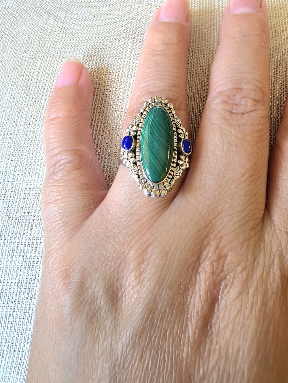 925 Sterling Silver Green Malachite & Blue Stone Statement Ring Size 8 - Picture 2 of 13